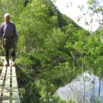 man crossing a bridge