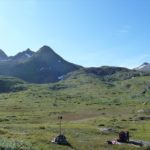 grass field with mountain in background